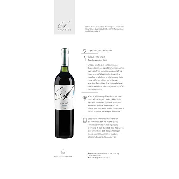 Botella de vino tinto borbore avanti syrah 750ml-jac-wine